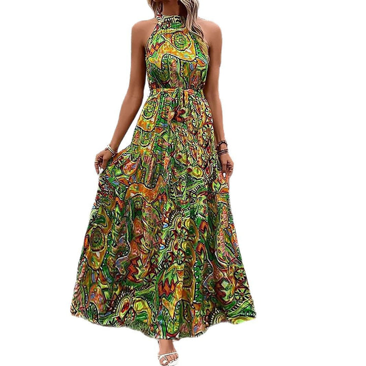 Damen Maxikleid Im Boho-Stil mit Elegantem Halterneck und Seitlichem Bindegürtel Echoarchiv