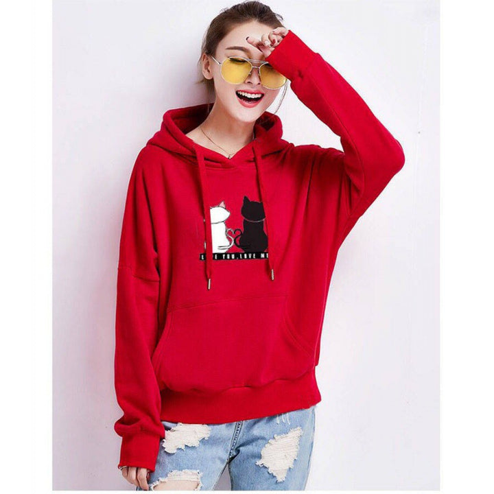 Damen Kapuzenpullover mit Katzen-Print, lockerem Schnitt und Kängurutasche – Auréline