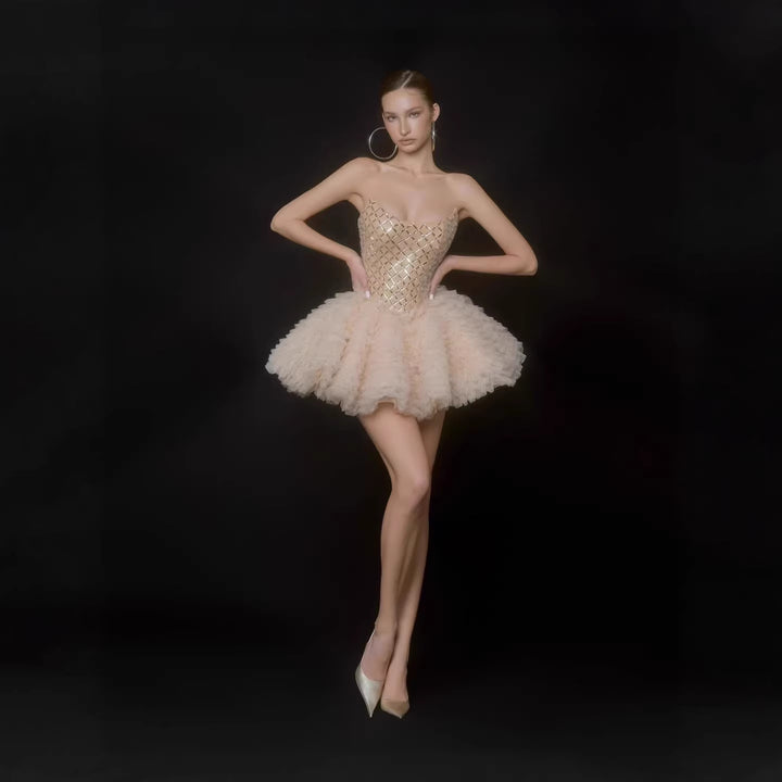 Damen Glamouröses Tüll-Cocktailkleid mit schimmerndem Oberteil Echo Archiv