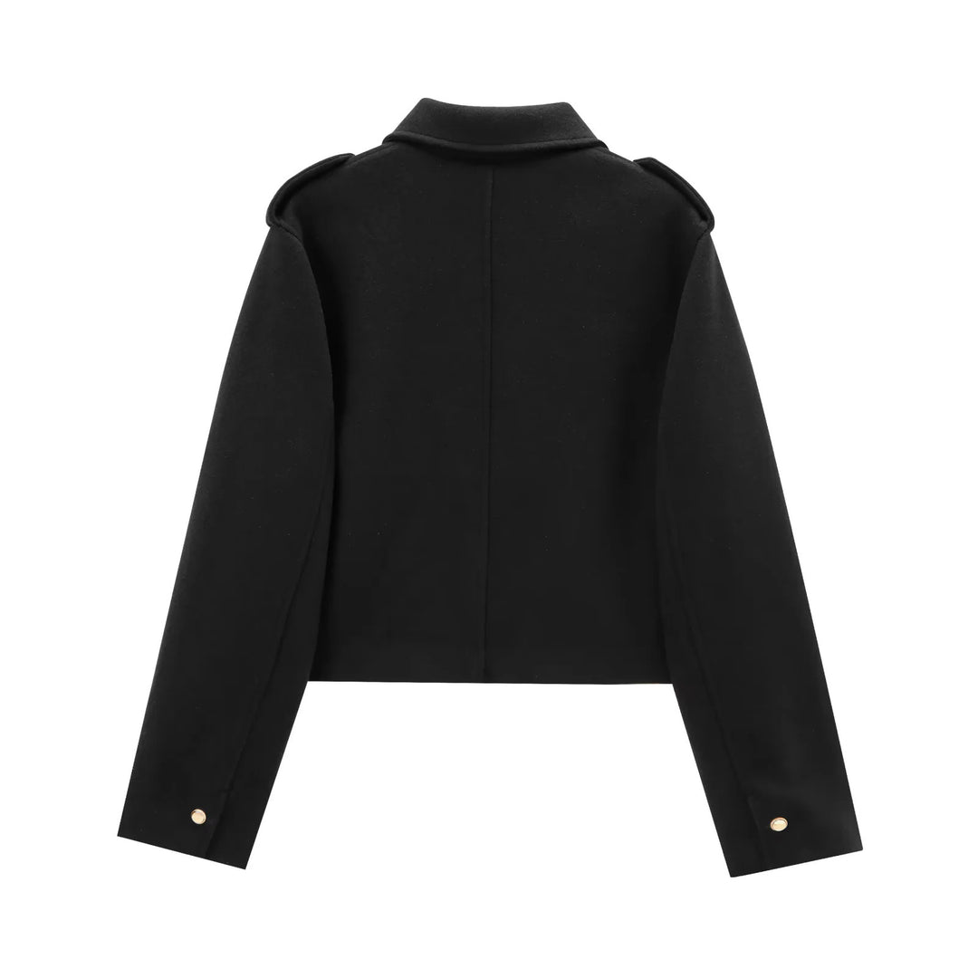 Damen kurz geschnittene Boxy-Jacke aus Wollmix mit Schulterklappen, aufgesetzten Pattentaschen und goldfarbenen Zierknöpfen – Célinea