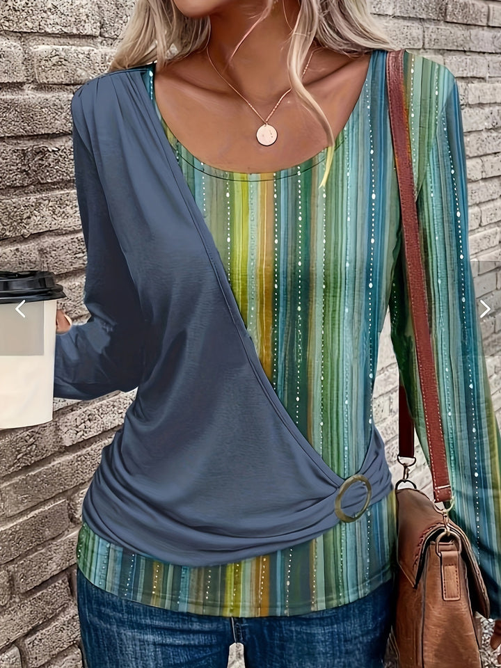 Damen Lagenlook Wickel‑Shirt mit asymmetrischer Drapierung und gestreiftem Unterteil – Orélia