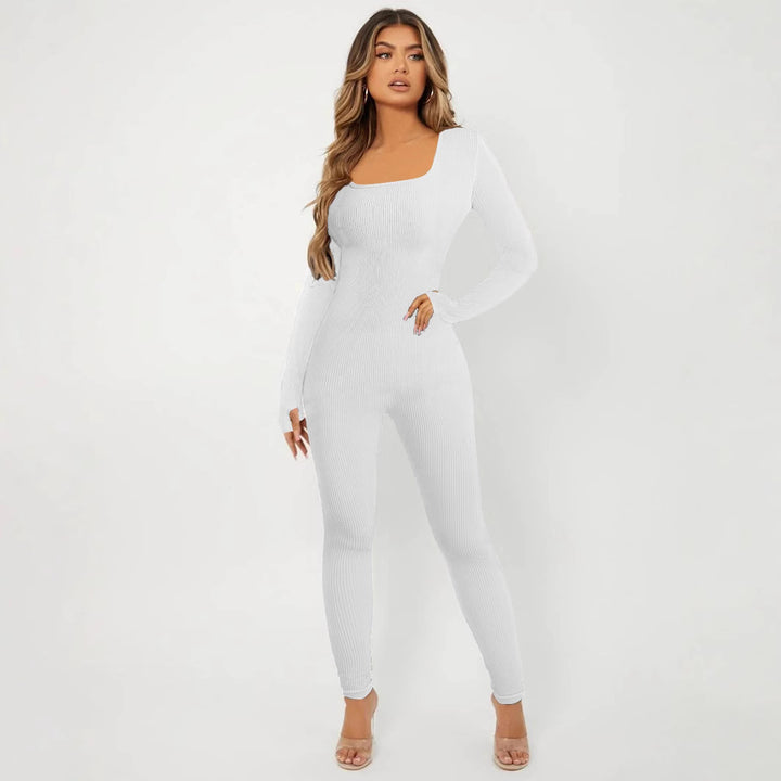 Damen Rippstrick Skinny Jumpsuit mit Quadratischem Ausschnitt, Langen Ärmeln und Daumenloch – Solévia