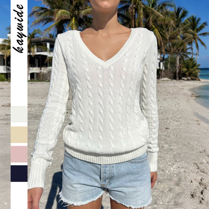 Damen Feinstrickpullover mit Zopfmuster, tiefem V‑Ausschnitt und schmaler Bundpassform – Mavelle