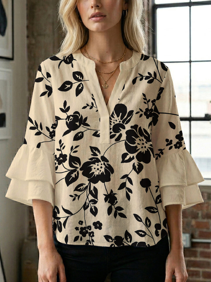 Damen lässige Bluse mit Volantärmeln und botanischem Druck Echo Archiv