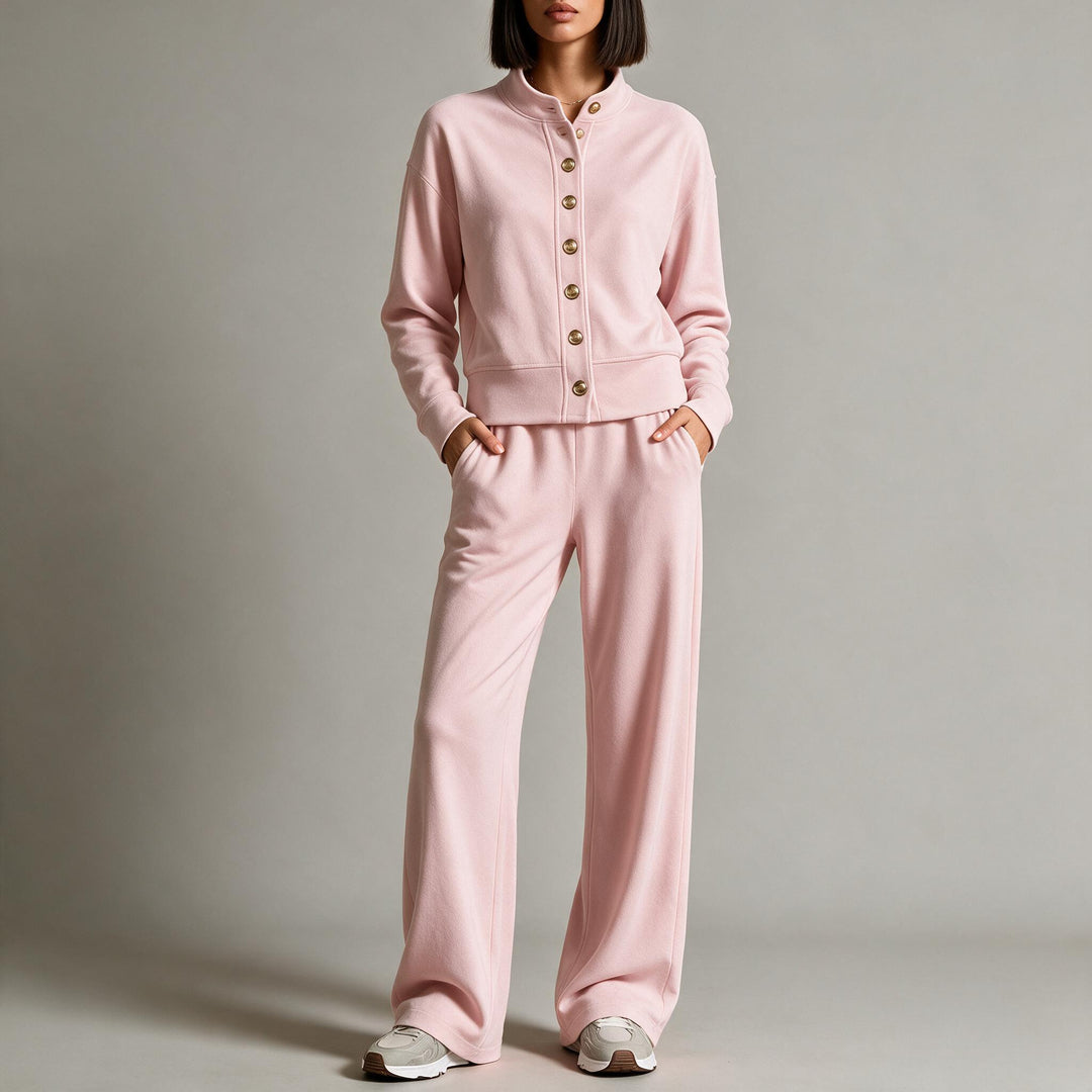 Damen Sweatjacke mit Druckknopfleiste, Stehkragen und weichem Lounge-Schnitt Echoarchiv