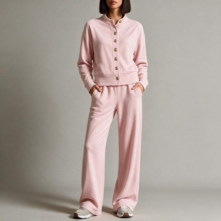 Damen Sweatjacke mit Druckknopfleiste, Stehkragen und weichem Lounge-Schnitt Echoarchiv