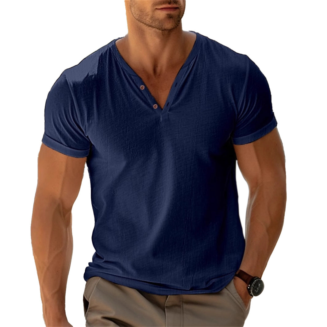 Herren nan tailliertes Henley-T-Shirt mit V-Ausschnitt kurzer Knopfleiste und krempelbaren Ärmeln Echo Archiv