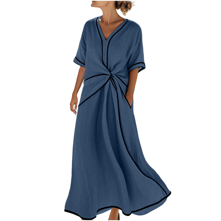 Damen Langes A-Linienkleid mit V‑Ausschnitt, Knoten-Detail und Kontrastpaspel – Élara