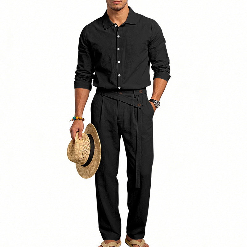 Herren nan eleganter Leinen-Zweiteiler mit Hemd und Hose mit hohem Bund und Bindegürtel Echoarchiv