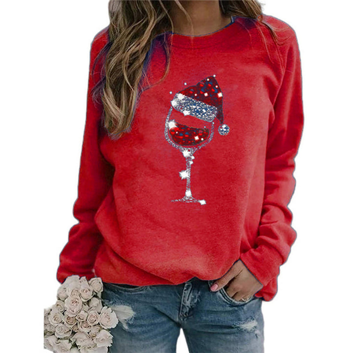 Damen Weihnachts Sweatshirt mit Pailletten Weinglas und Rundhalsausschnitt – Mavelle