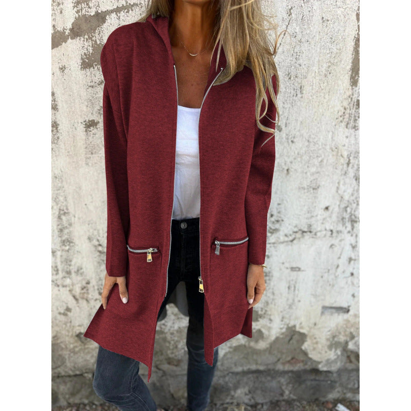Damen Kapuzen-Longcardigan mit durchgehendem Reißverschluss und Ziertaschen Echo Archiv
