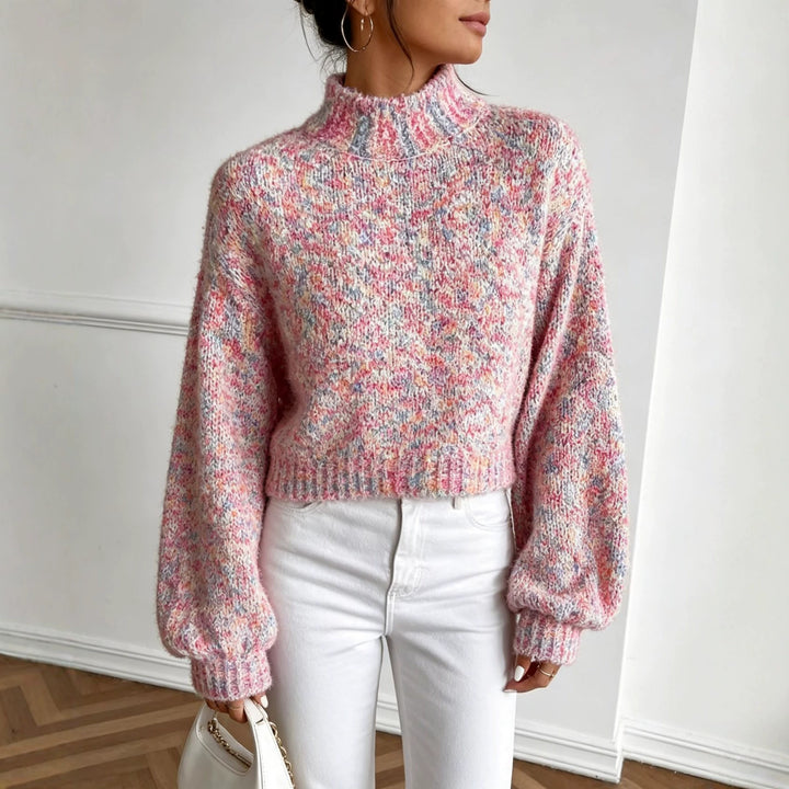 Damen Kurzgeschnittener Oversize-Pullover mit Stehkragen, mehrfarbigem Bouclé-Muster und Ballonärmeln – Mavelle
