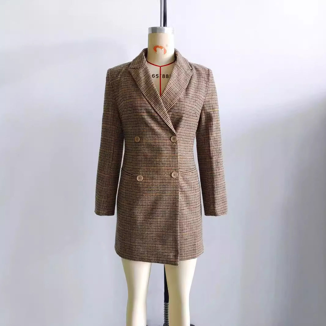Damen taillierter Doppelreiher-Mantel im Glencheck-Look mit Reverskragen – Montévia