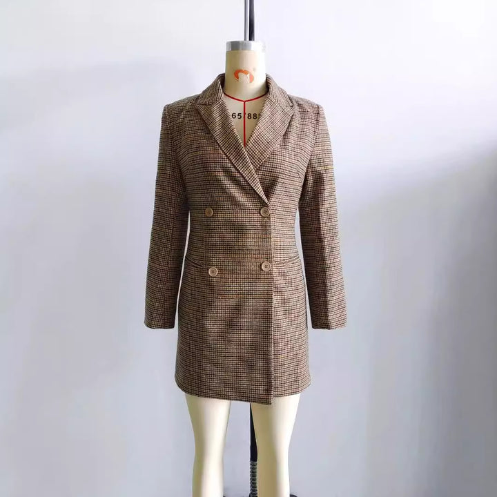 Damen taillierter Doppelreiher-Mantel im Glencheck-Look mit Reverskragen – Montévia