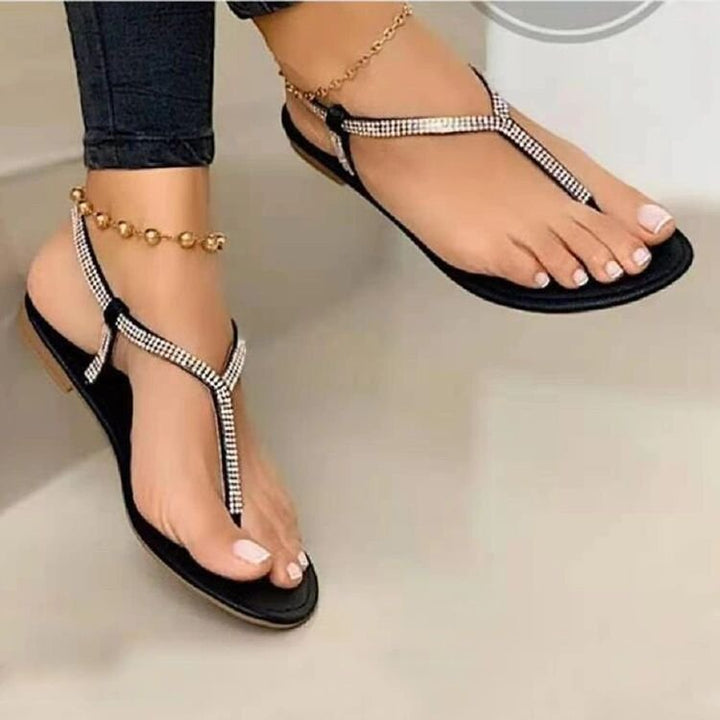 Damen Flache Zehentrenner‑Sandalen mit T‑Riemen und Strassbesatz – Sorelia