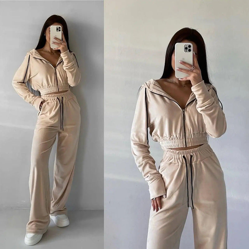 Damen Samt-Loungewear-Set mit Cropped Zip-Kapuzenjacke und weiter Palazzohose – Élanora