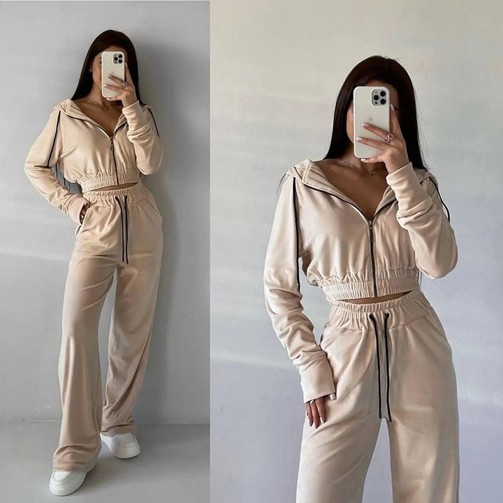 Damen Samt-Loungewear-Set mit Cropped Zip-Kapuzenjacke und weiter Palazzohose – Élanora