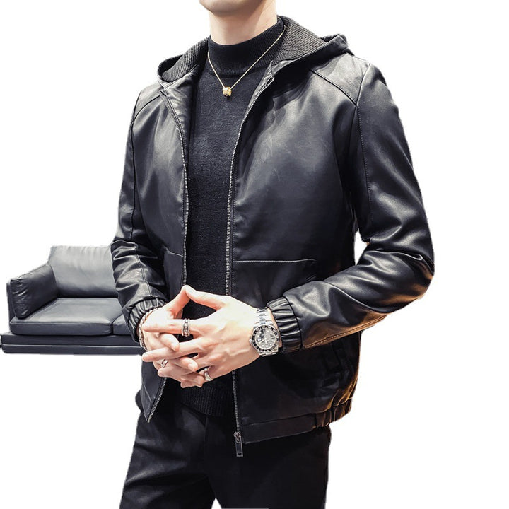 Herren Kapuzen-Lederimitatjacke im Slim‑Fit mit Reißverschluss und Raglanärmeln – Valtoré