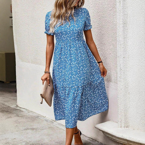 Damen nan ausgestelltes Midikleid mit hohem Rundhalsausschnitt, Puffärmeln, geraffter Empire-Taille und Stufensaum Echo Archiv