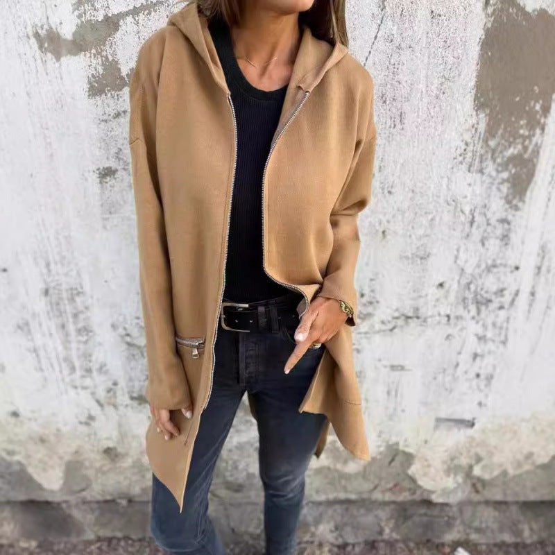 Damen Kapuzen-Longcardigan mit durchgehendem Reißverschluss und Ziertaschen Echo Archiv