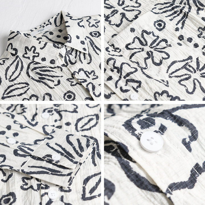 Herren Lockeres Crinkle-Hemd mit handgezeichnetem Blumenprint und Brusttasche Echoarchiv