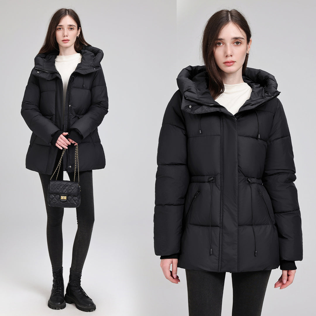 Damen Wattierter Mid‑Length Parka mit Kapuze, Taillenzug und Reißverschlusstaschen Echo Archiv