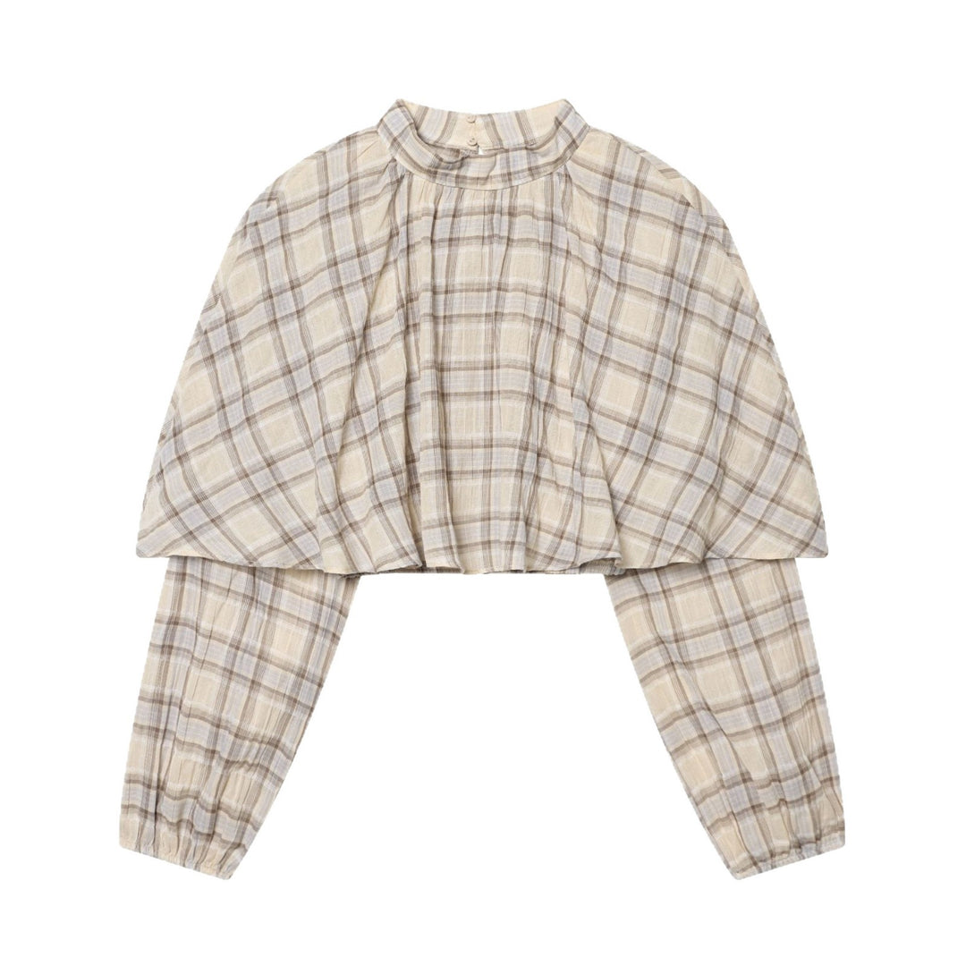 Damen Karierte Bluse mit Stehkragen, gerafftem Yoke und voluminösen Raglanärmeln Echoarchiv