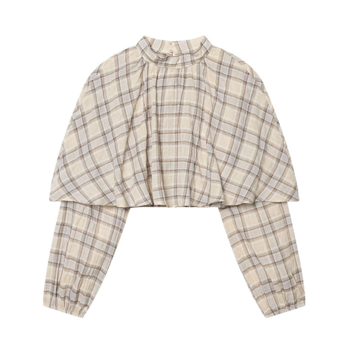 Damen Karierte Bluse mit Stehkragen, gerafftem Yoke und voluminösen Raglanärmeln Echoarchiv