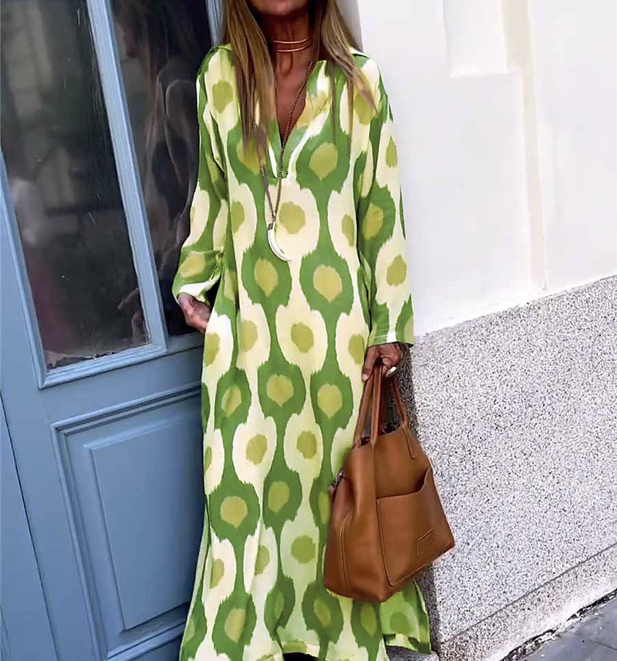 Damen Langes Boho-Maxikleid mit V-Ausschnitt, lockerem Schnitt und auffälligem Allover-Print – Valéora
