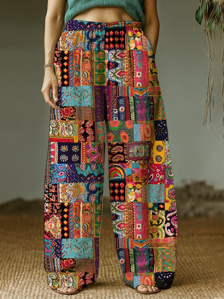Damen Weite Freizeithose mit ethnischem Patchwork-Muster Echo Archiv