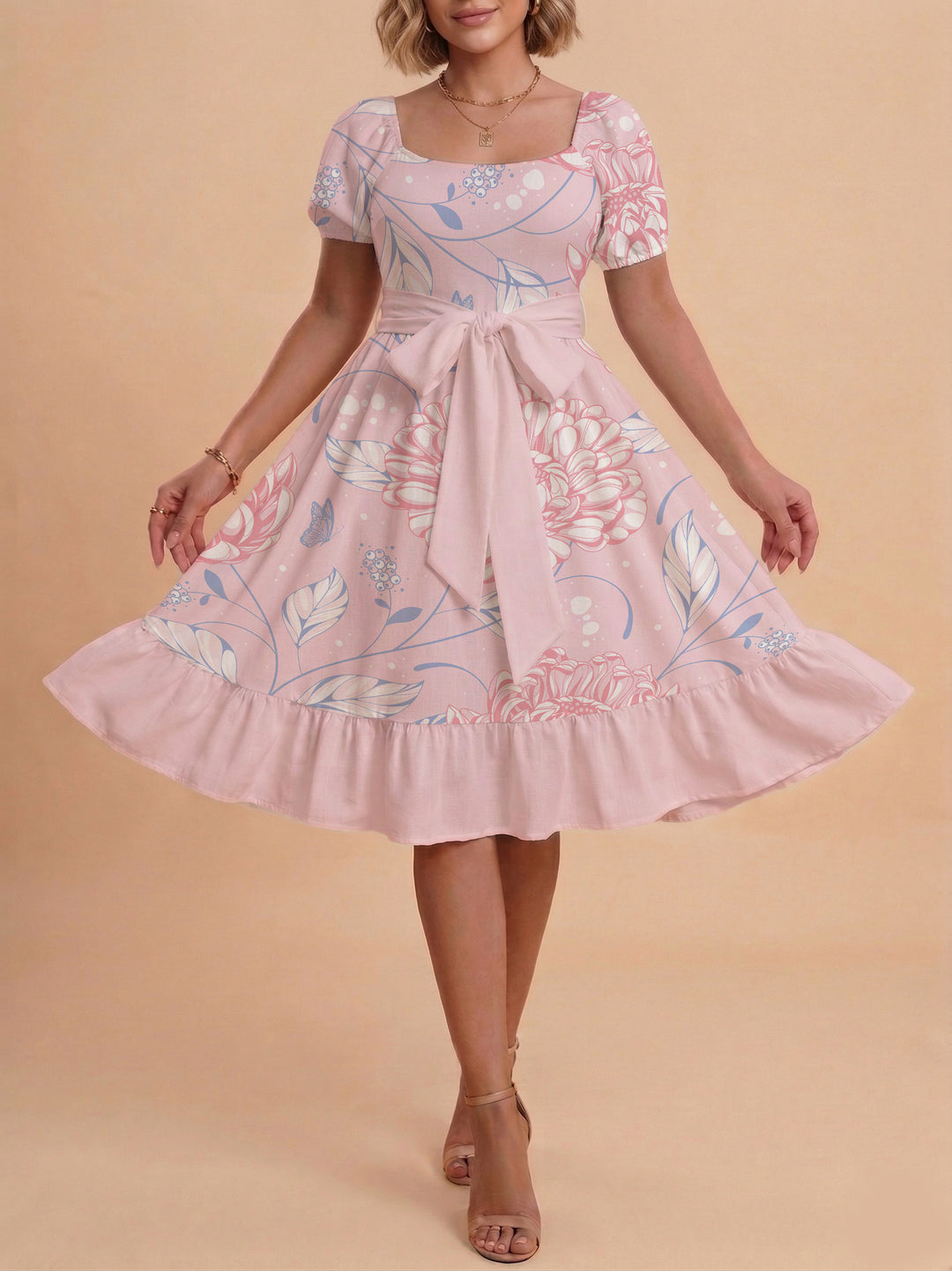 Damen Midi Kleid mit elegantem Blumendruck und tailliertem Gürtel Echo Archiv