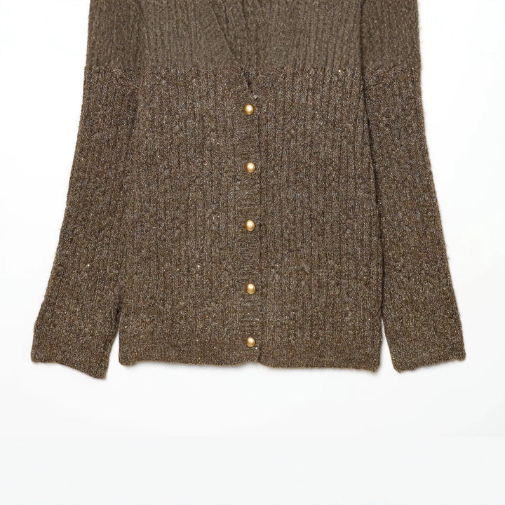Damen Grobgestrickter Rippencardigan mit goldfarbenen Knöpfen und V-Ausschnitt Echoarchiv