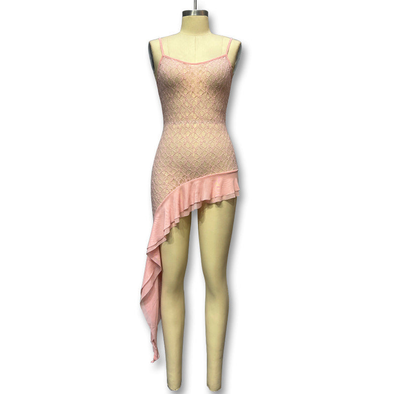 Damen Elegantes Hochgeschlossenes Strandkleid aus durchsichtigem Netzmaterial mit asymmetrischem Saum Echo Archiv