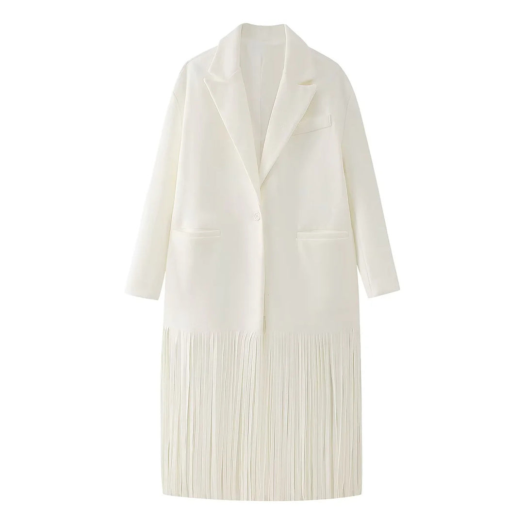 Damen langer Fransen‑Mantelblazer mit Plissee‑Saum, Reverskragen und Pattentaschen – Célinea
