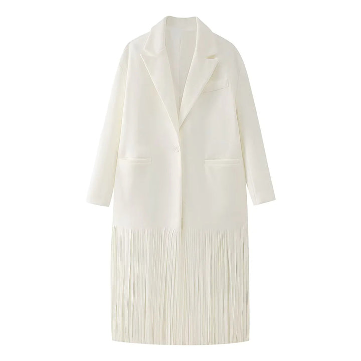 Damen langer Fransen‑Mantelblazer mit Plissee‑Saum, Reverskragen und Pattentaschen – Célinea