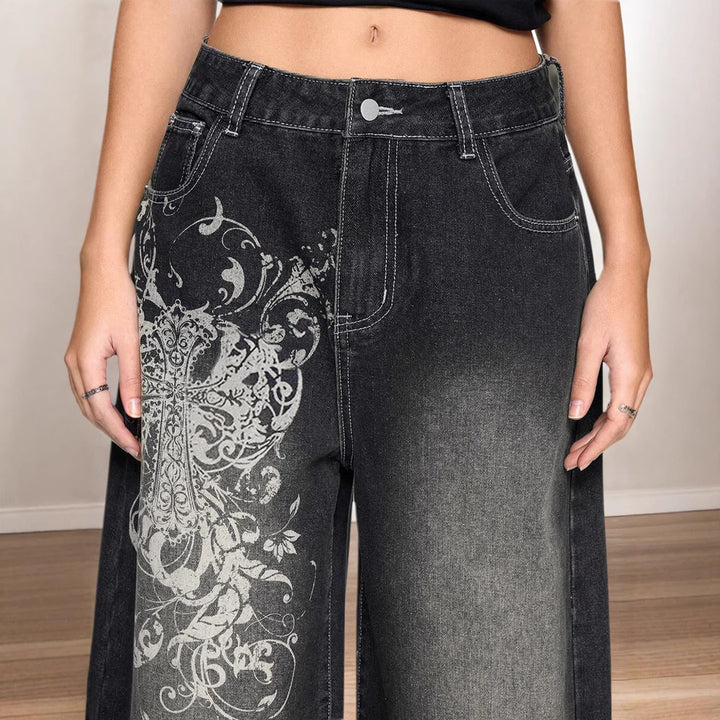 Damen Weite Denim-Hose mit auffälligem grafischem Druck Echo Archiv