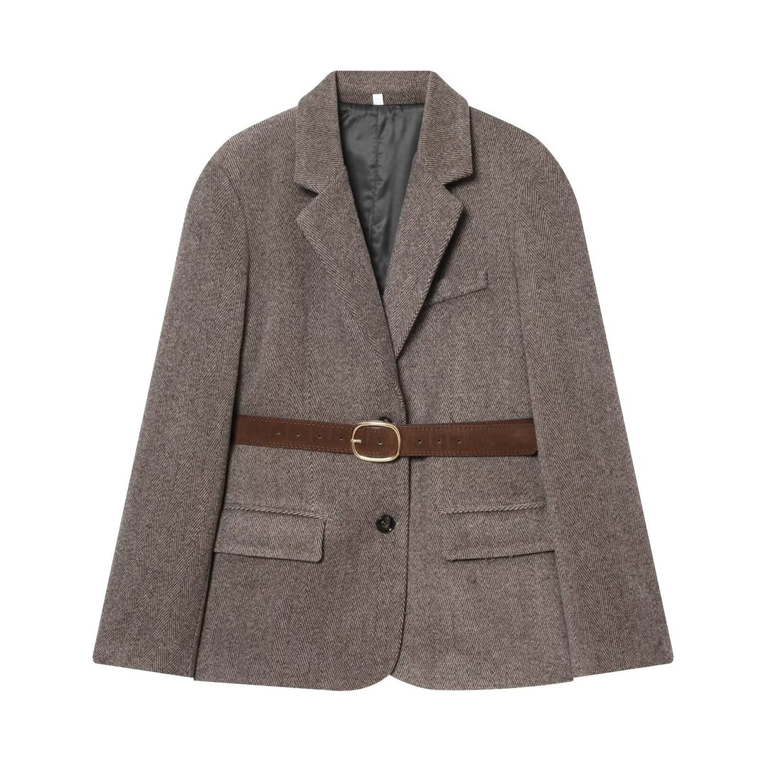 Damen Taillierter Herringbone-Blazer‑Mantel mit Bindegürtel Echoarchiv