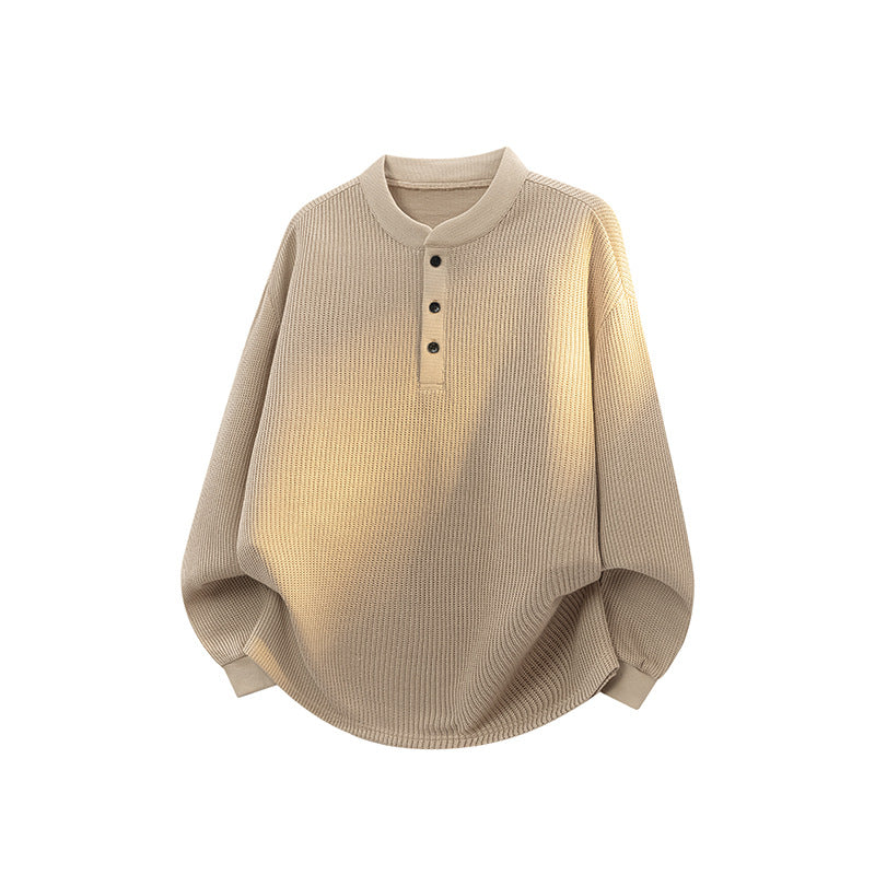 Unisex Weitgeschnittener Waffelstrick-Henleypullover mit Stehkragen Echoarchiv