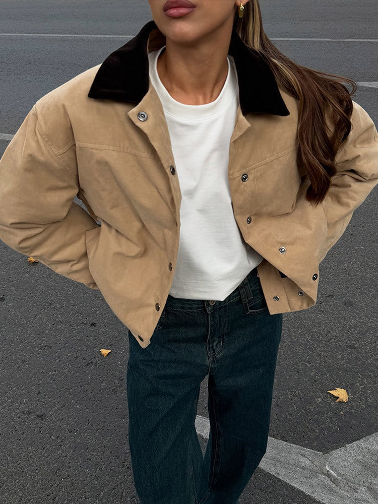 Damen Kurzer Cord-Workwear-Blouson mit Kontrastkragen Echoarchiv