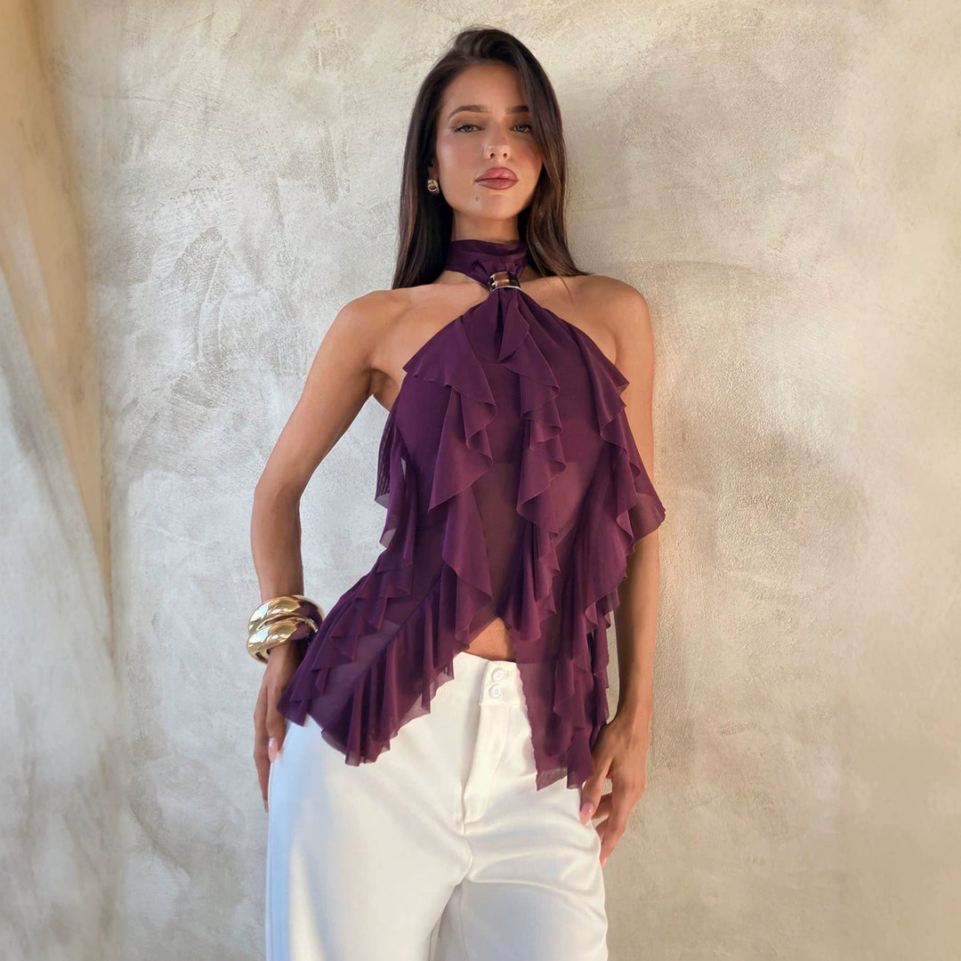 Damen nan Chiffon-Haltertop mit dekorativem Metallring und mehrlagigen Volants Echo Archiv