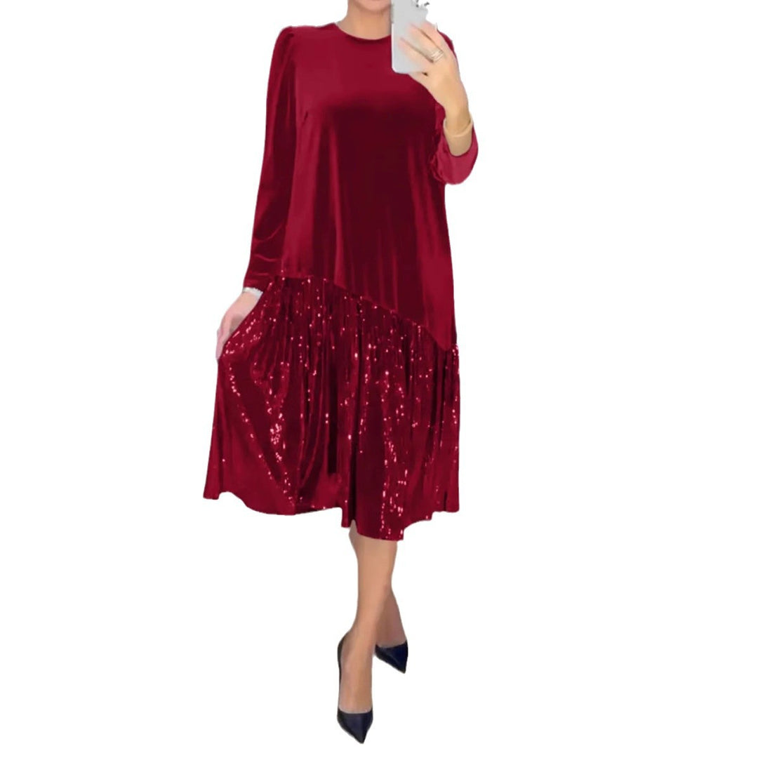 Damen nan Samt-Midikleid mit plissiertem Paillettenrock, lockerem A-Linien-Schnitt und Rundhalsausschnitt Echo Archiv