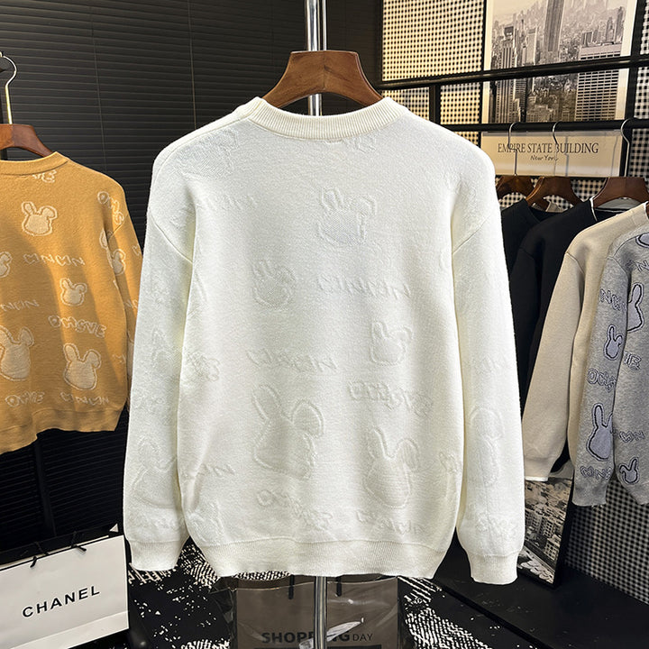 Unisex Feinstrick-Pullover mit dezentem Jacquard-Hasenrelief und Rundhalsausschnitt Echoarchiv