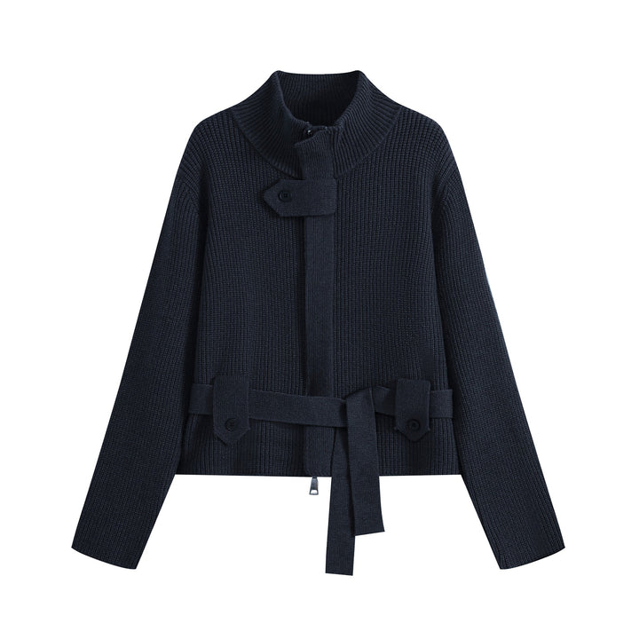 Damen Kurze Strickjacke im Blousonstil mit Stehkragen und Bindegürtel Echo Archiv