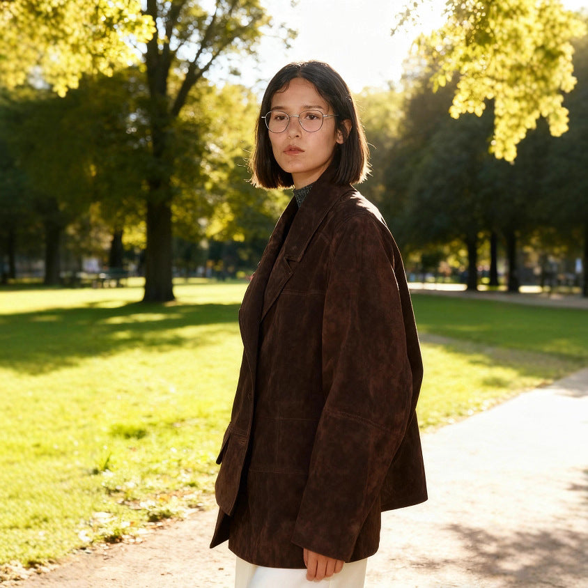 Damen Oversize Wildlederoptik-Blazerjacke mit Reverskragen und Pattentaschen Echo Archiv