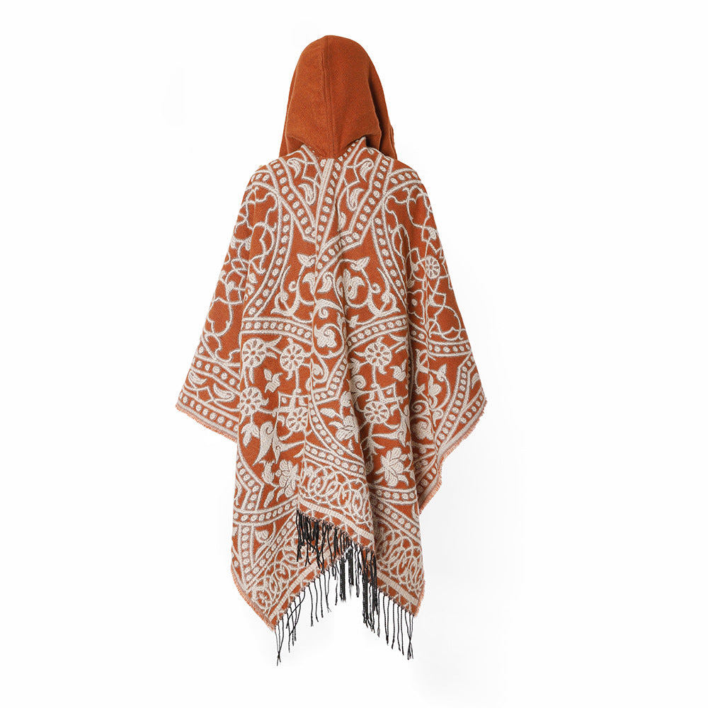 Damen Kapuzen-Ruana aus Wollmix mit Ornament-Jacquard und Fransen – Avérine