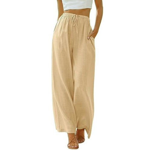 Damen nan weite Leinenhose mit elastischem Bund Kordel und Seitentaschen Echo Archiv