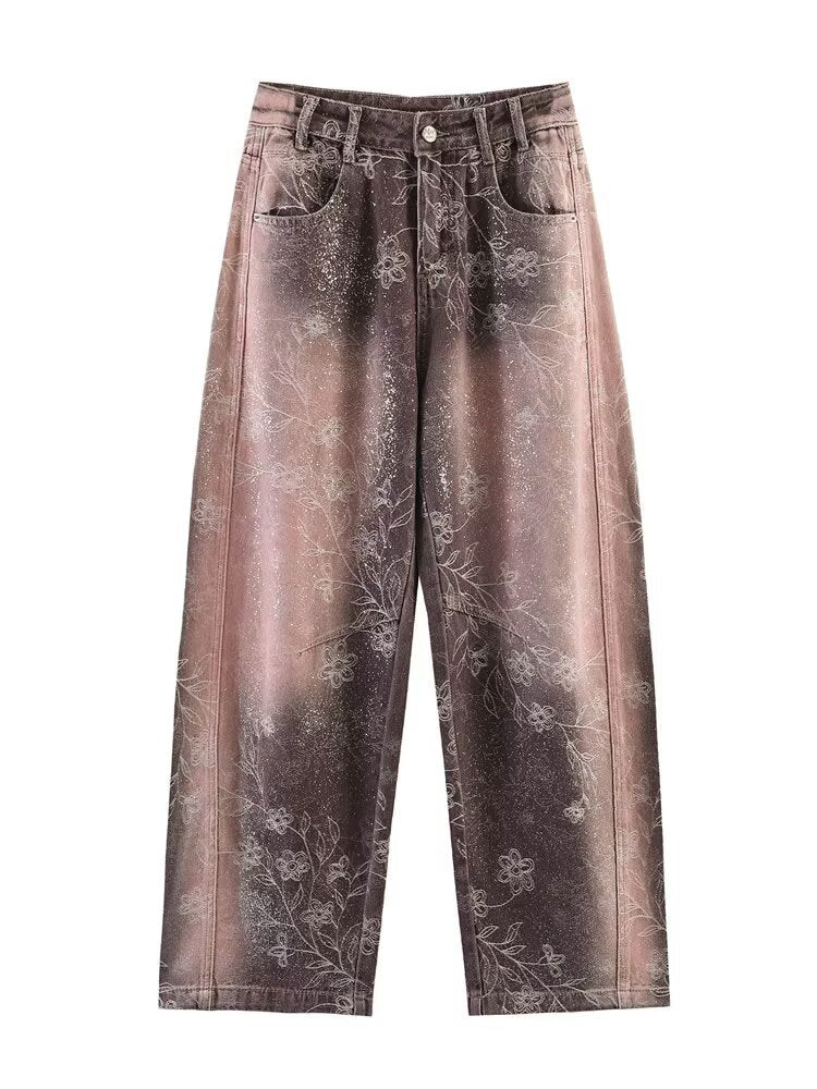 Damen Weite High‑Waist‑Jeans mit floralem Allover‑Print und Used‑Farbverlauf Echoarchiv