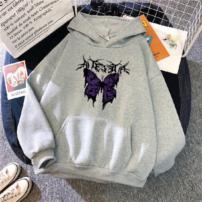 Damen Oversize-Kapuzenpullover mit gothischer Schmetterlings-Illustration und Kängurutasche – Auréline