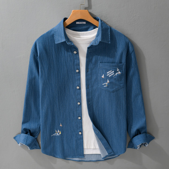 Herren Texturiertes Chambray-Overshirt mit maritimer Stickerei und Brusttasche Echoarchiv