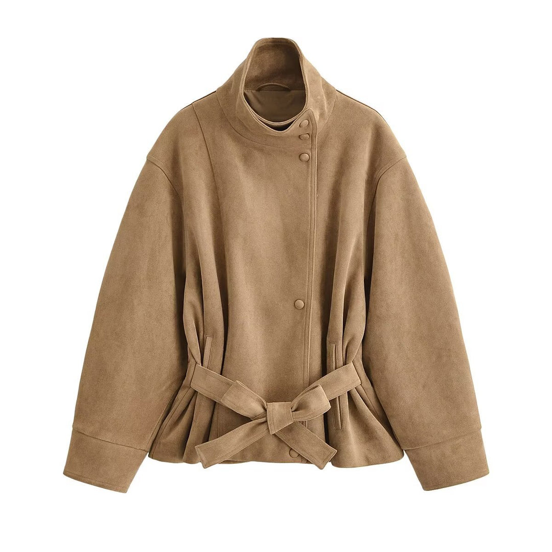 Damen Kurzjacke in Wildleder-Optik mit Stehkragen und Bindegürtel Echo Archiv